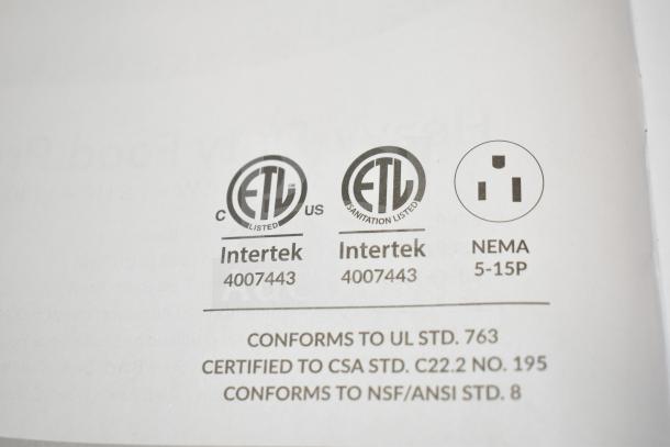 BRAND NEW AvaMix 928MAXCFEED Continuous Feed Attachment with 4 Discs, Dicing Kit, ETL and NEMA certifications visible.