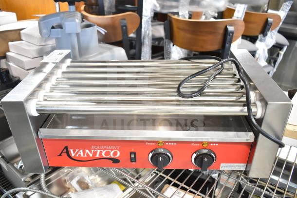 Avantco 177RG1818 hot dog roller grill, brand new, scratch and dent, 18 capacity, 7 rollers, 120V, 1 Phase.