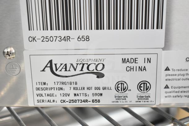 BRAND NEW Avantco 177RG1818 Hot Dog Roller Grill, 7 rollers, scratch and dent, 120V, 590W. Made in China, ETL listed.