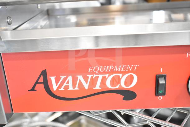 Brand new Avantco 177RG1818 hot dog roller with 7 rollers, 120V, 1 phase. Red panel with on/off switch, slight scratches.