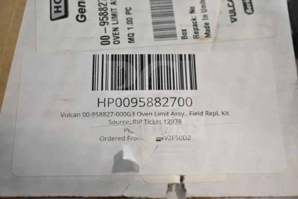Barcode label for Vulcan 00-958827-000G3 Oven Limit Assembly, Field Replacement Kit. Item is new, scratch and dent.