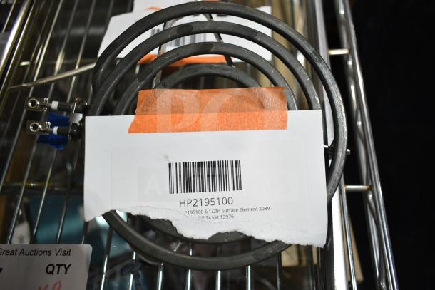 8 brand new scratch and dent items including relay, switch, and valve kit. Visible label: "HP2195100 6 1/2in Surface Element 208V."