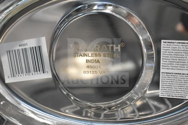 BRAND NEW SCRATCH AND DENT Vollrath 46501 4 Qt. Orion Lift-Off Small Oval Chafer with visible label, stainless steel, made in India.