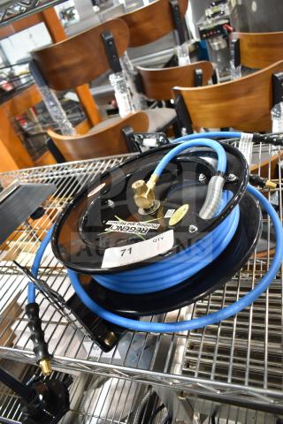 Regency black powder-coated steel open air/water hose reel with blue hose, brand new, slight scratch and dent.