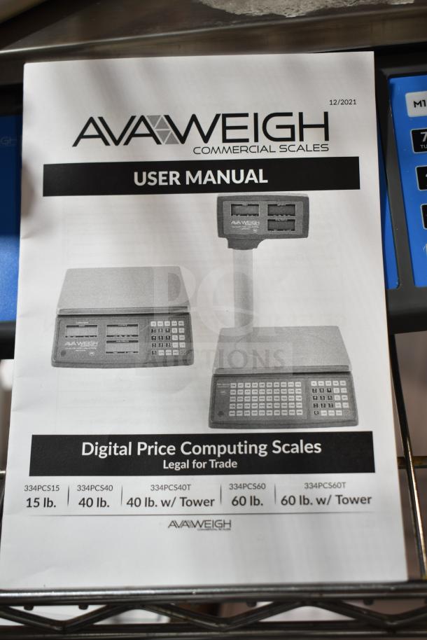 AvaWeigh 334PCS40T 40 lb. digital price computing scale with tower, scratch and dent, user manual shown.