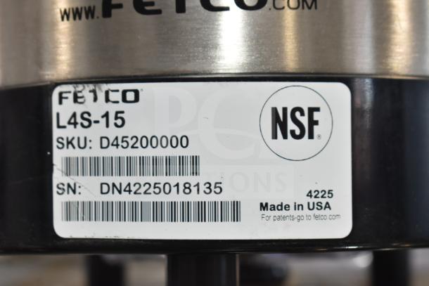 Fetco L4S-15 1.5 Gallon Stainless Steel Coffee Server, brand new with minor scratches; SKU D45200000, NSF certified, Made in USA.
