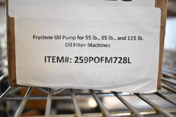 Cardboard box labeled "Fryclone Oil Pump for 55 lb, 85 lb, and 115 lb Oil Filter Machines," with item number 259POFM728L.