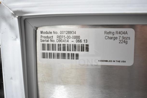 Follett REF5-00-0000 undercounter cooler label showing module, product, and serial numbers with refrigerant details.