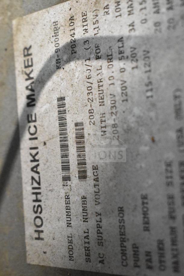Hoshizaki KM-900MRH commercial ice machine label showing model and electrical specs; 208-230 V, 1-phase.