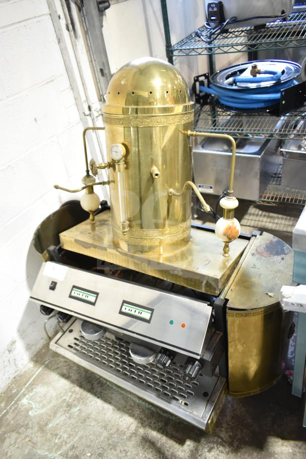 Astra Commercial Countertop 2 Group Espresso Machine, brass finish, steam wand, visible pressure gauge, vintage condition.