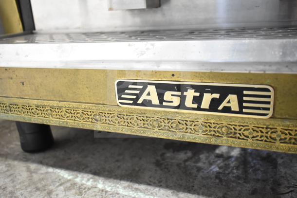 Astra Commercial Countertop 2 Group Espresso Machine with ornate brass detail and visible Astra logo on the front panel.