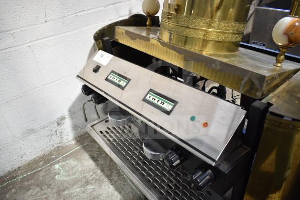 Astra Commercial Countertop 2 Group Espresso Machine with steam wand, metal finish, and dual gauges; used condition.