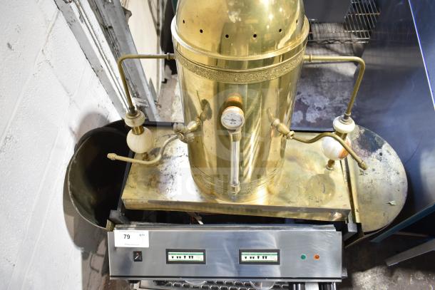 Astra Commercial Countertop 2 Group Espresso Machine with steam wand, brass finish, featuring dual control panels.