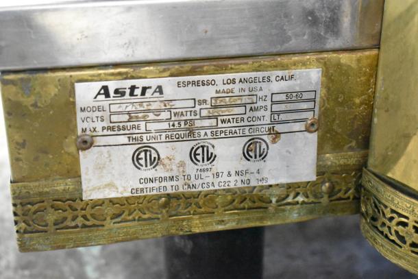 Astra commercial countertop 2 group espresso machine with steam wand, ETL certified label showing model and specifications.