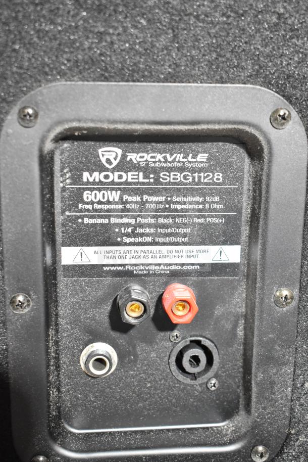 Rockville SBG1128 12" 600W passive DJ subwoofer. Features banana binding posts, 1/4" jacks, SpeakON input/output.