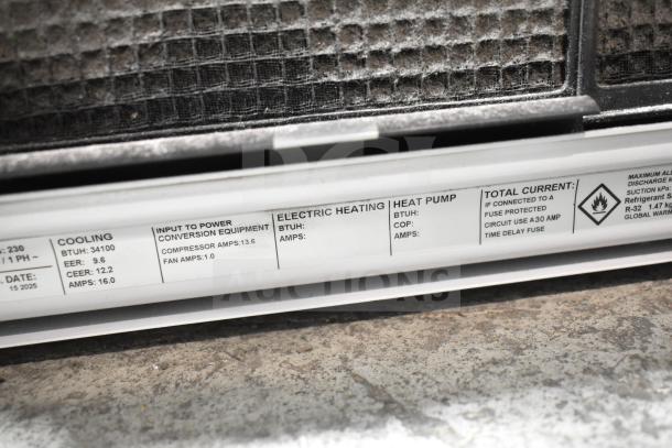Friedrich KCVL36B30A 34,000 BTU air conditioner label detailing power specs and features. 230V, 1 phase.