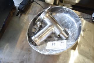 Stainless steel meat grinder attachment with auger and tray, in good condition. Auction label indicates lot 85.