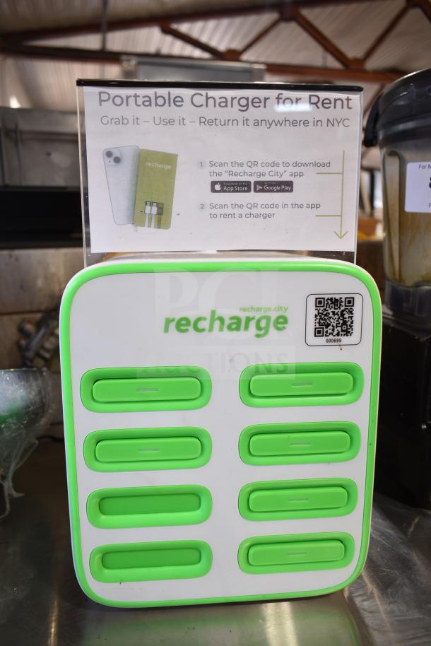 SmartShared CS-S08 Charging Station, green and white, 8 slots, "recharge.city" branding with QR code, excellent condition.