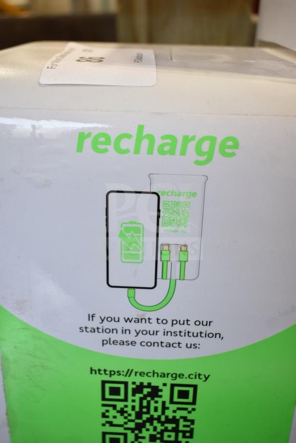 SmartShared CS-S08 Charging Station box with green "recharge" branding. URL recharge.city and QR code visible.