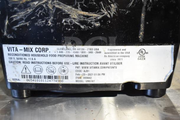 Vita-Mix VM0197 120V countertop blender label, showing serial number, UL certification, and reconditioned status.