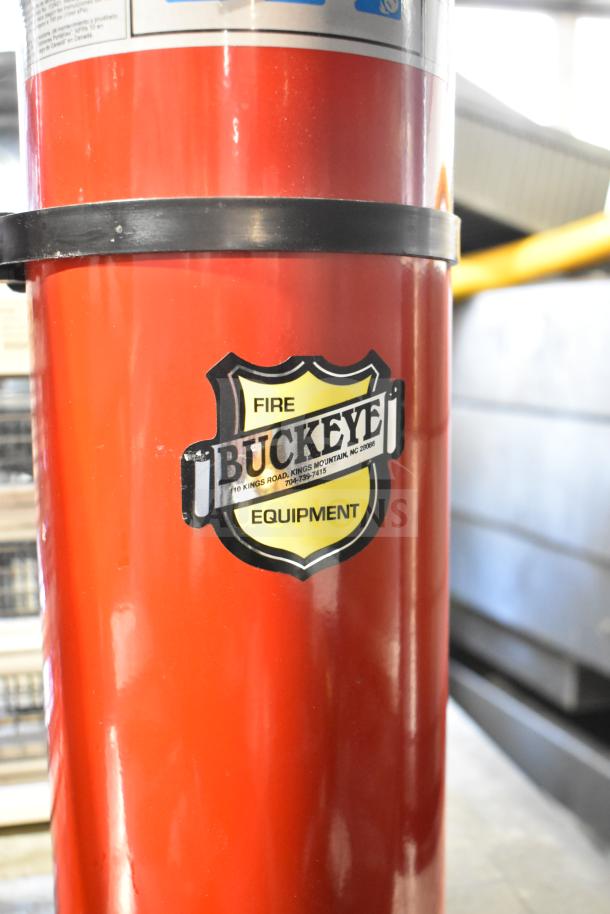 Red Buckeye fire extinguisher with visible label indicating fire equipment; part of auction lot with two extinguishers and bug zapper.