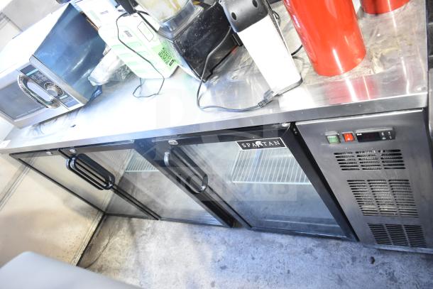 Spartan SGBB-79 commercial 3-door back bar cooler merchandiser in stainless steel, 115 volts, with glass doors.