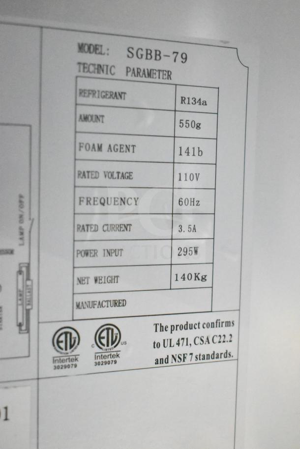 Spartan SGBB-79 Commercial 3 Door Back Bar Cooler label, features R134a refrigerant, 110V, confirms UL, CSA, NSF standards.
