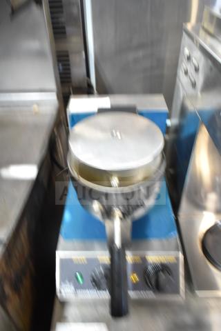 Carnival King 382WBM13 non-stick Belgian waffle maker with timer. 120 Volts, 1 Phase. Stainless steel, good condition.