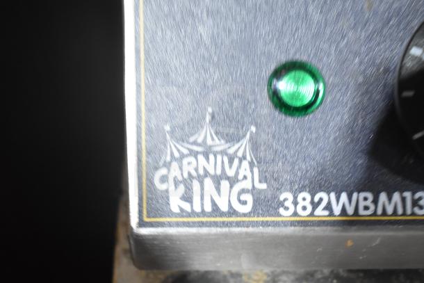 2024 Carnival King 382WBM13 Belgian Waffle Maker, non-stick, with timer. Features model number and brand logo.