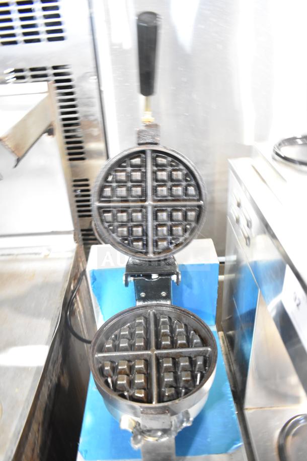 2024 Carnival King 382WBM13 Non-Stick Belgian Waffle Maker with Timer, 120V, 1 Phase. Open top view showing waffle grids.