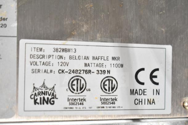 2024 Carnival King 382WBM13 Belgian Waffle Maker, non-stick, timer included, 120V, 1 phase, 1100W, made in China.