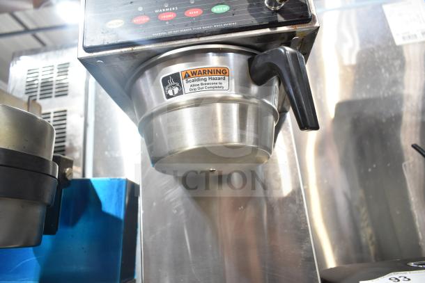 Curtis ALP3GT12A000 commercial coffee machine with 3 burners, hot water dispenser, and scalding hazard warning label.