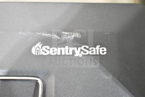 SentrySafe metal cash box lid displaying logo, showing slight surface wear. Ideal for secure cash storage.