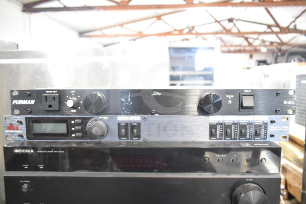 Five audio equipment items including Furman M-8Lx, dbx Zone Pro 640m, Insignia NS-STR514, Crown CDi2000, and system monitor.