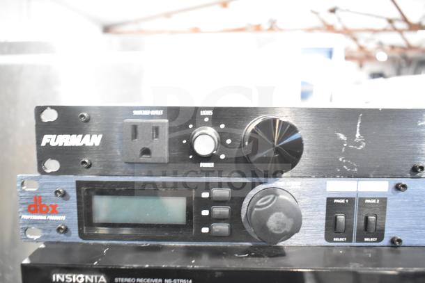 Electronics bundle with Furman M-8Lx, dbx Zone Pro 640m, Insignia NS-STR514, Crown CDi2000, System Monitor.