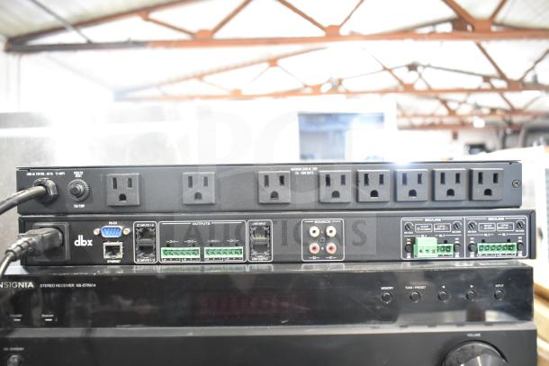 5 audio-visual equipment items, including a Furman M-8Lx power conditioner, dbx Zone Pro 640m, Insignia NS-STR514 receiver, Crown CDi2000, and system monitor. Visible ports and power outlets.