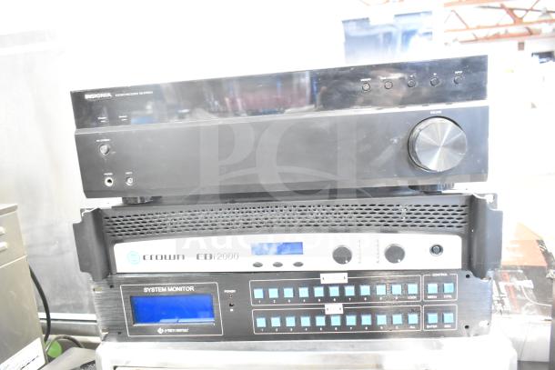 5 electronic units including Furman M-8Lx, dbx Zone Pro 640m, Insignia NS-STR514 receiver, Crown CDi2000, system monitor.