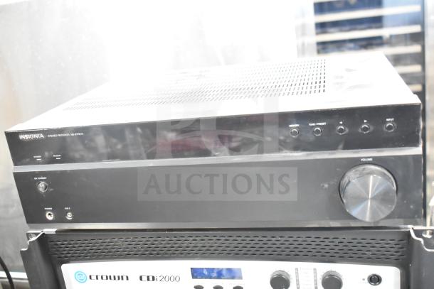 Insignia Stereo Receiver NS-STR514, front view; volume knob and input buttons visible. Placed above Crown CDi2000 unit.