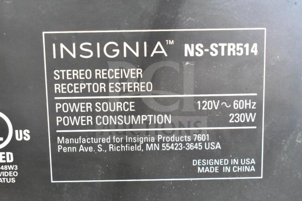 Insignia NS-STR514 stereo receiver label detailing power source 120V, 60Hz, power consumption 230W, made in China.
