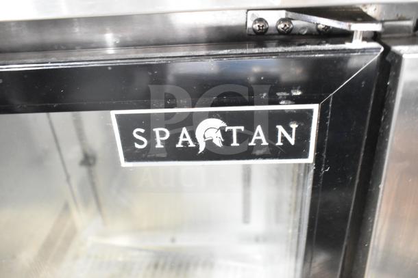 Spartan SGBB-58 commercial back bar cooler, 2 doors, visible Spartan logo, 115 volts, 1 phase, sleek design.