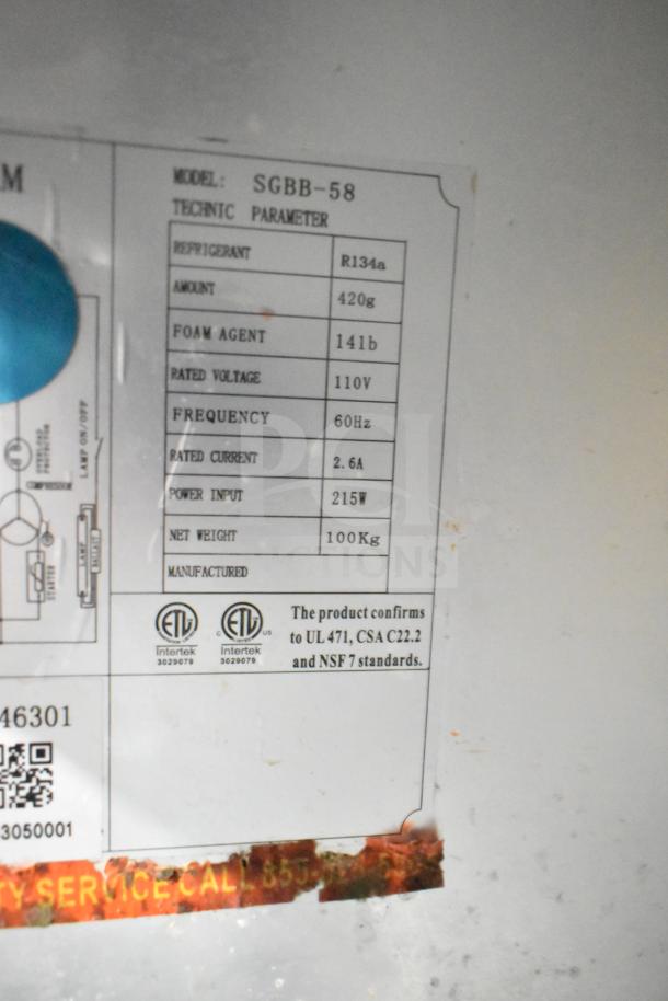 Spartan SGBB-58 cooler label showing model, voltage, refrigerant type, and certifications.