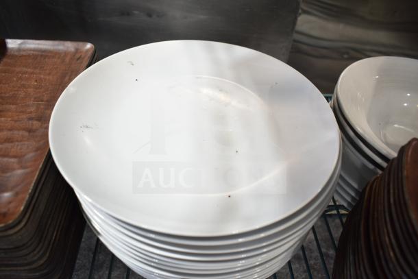 Tiered lot of various items including white ceramic plates and brown rectangular trays on a wire rack. Visible minor wear.