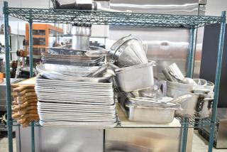 ALL ONE MONEY! Tier Lot of Various Items Including Baking Pans, Stainless Steel Drop In Bins, China Cap Strainer, Stock Pot, Cutting Boards and Knives