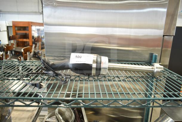 Galaxy 177IMBL9 immersion blender, 110-120V, 1 Phase, black handle, stainless steel shaft; auction tag visible.