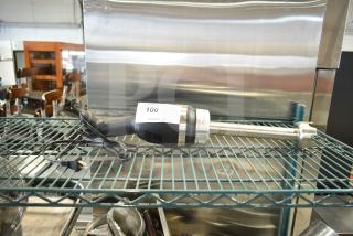 Galaxy 177IMBL9 immersion blender, 110-120V, 1 Phase, black handle, stainless steel shaft; auction tag visible.