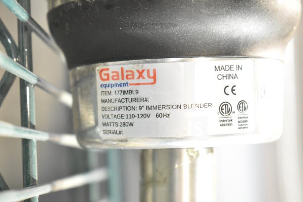 Galaxy 177IMBL9 Immersion Blender, 9", 110-120V, 60Hz, 280W, made in China. Features manufacturer label.