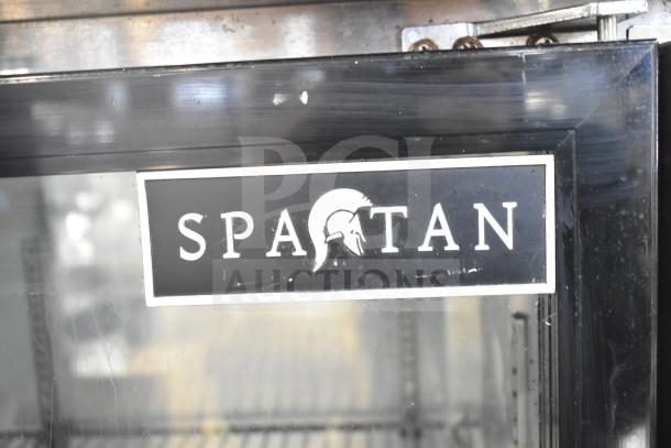 Spartan SGBB-58 Commercial 2 Door Back Bar Cooler, black exterior, logo on door, 115 volts, ideal for merchandising.