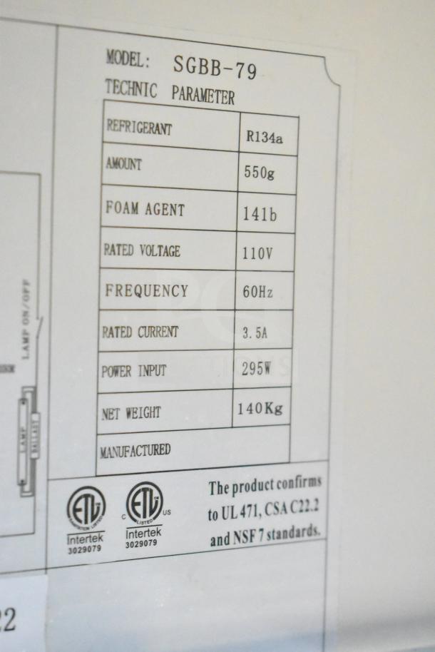 Spartan SGBB-79 Commercial 3 Door Back Bar Cooler; 115V, 1 Phase; uses R134a refrigerant; meets UL 471, CSA C22.2, NSF 7.