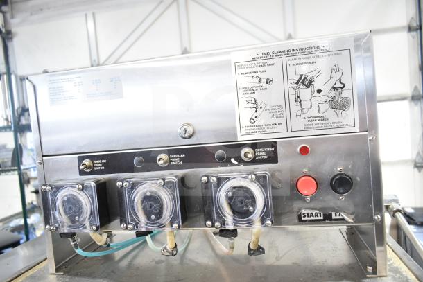 American Dish Service ADS AF-3DS commercial pass-through dishwasher, 120V, 1 Phase. Visible control panel and cleaning instructions.