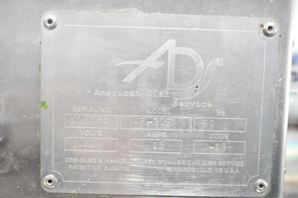 American Dish Service ADS AF-3DS commercial dishwasher label, displaying model, voltage (120V), and serial number details.